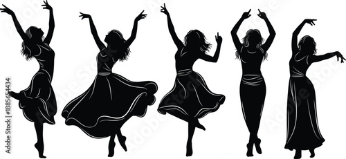 Expressive female dance silhouettes in flowing dresses, graceful arm movements, rhythmic poses, freedom of motion, elegant ballet and modern dance vector illustration