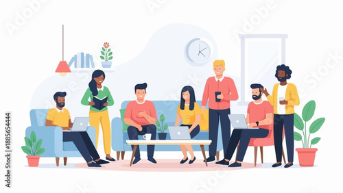 Diverse group of people collaborating in a modern, relaxed indoor setting