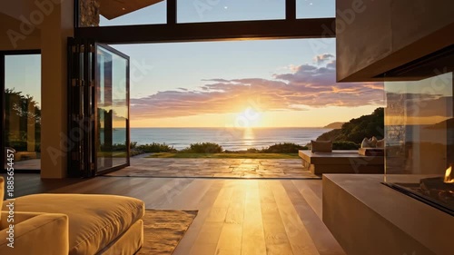 Luxurious coastal living room interior featuring modern fireplace and ocean view at sunset