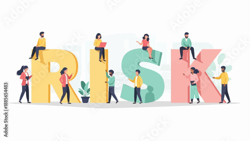 Diverse people interacting with large letters spelling out "RISK.