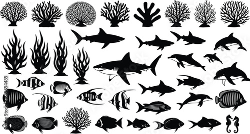 Extensive collection of black sea life silhouettes, including sharks, dolphins, various reef fish, seahorses, coral branches, and kelp, for ocean education, nature study, 