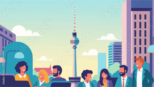 Diverse group of people enjoying a city view with a tall iconic tower