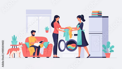 Domestic scene with man reading, dog, and women doing laundry