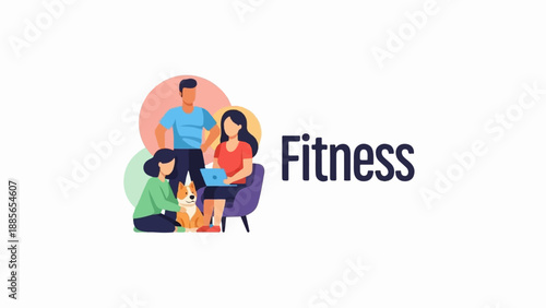 Diverse group, including a dog, interacts with technology and fitness