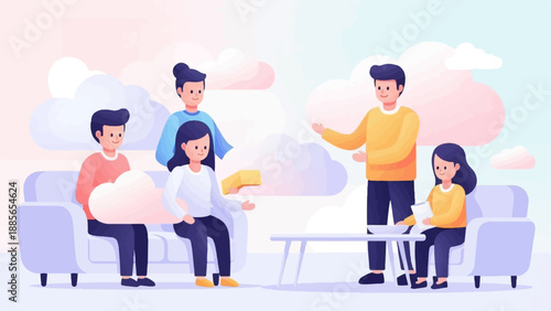 Diverse group of people interacting in a bright, cloud-filled room with modern furniture