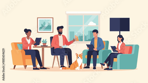 Diverse group in cozy room with Corgi, discussing plans