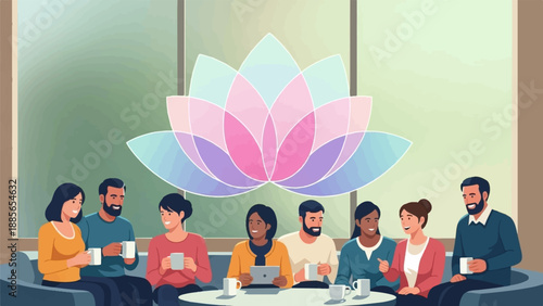 Diverse group of people in a meeting with a large lotus flower behind them