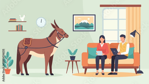 Donkey stands indoors near a couch with two people working on laptops