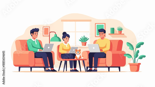 Diverse people work on laptops in a cozy living room with a dog