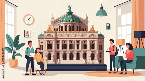 Diverse group gathers in a grand interior room with ornate architectural model