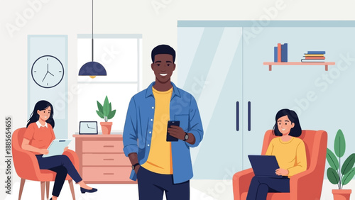 Diverse people work and relax in a modern, bright indoor space