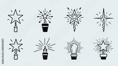 Doodle collection of glowing stars, a lightbulb, and a candle flame