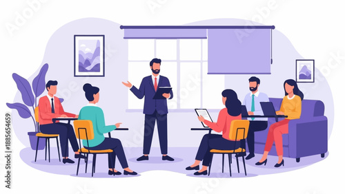 Diverse group in a business meeting, with a presenter and participants