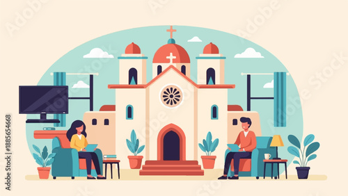 Digital connection with a church facade and modern living room setup