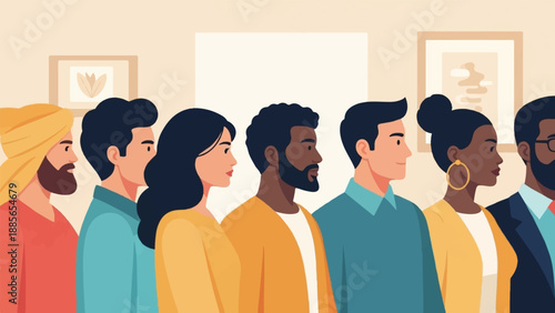 Diverse group of people stand together in a line, showcasing unity