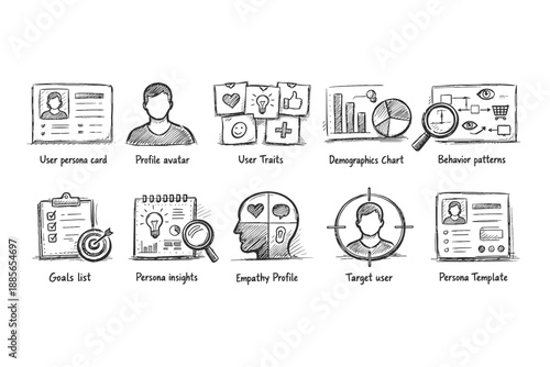 Persona profile outline icon set. User research and demographics sketch collection