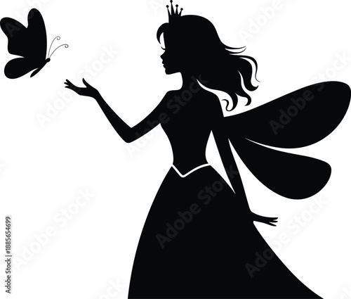 Fairy princess silhouette vector illustration with butterfly, magical fantasy woman in crown and wings, enchanted fairy tale art for decoration design