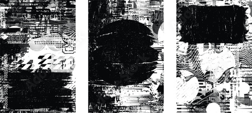 Glitch distorted grungy isolated layers . Design element for brochure, social media, posters, flyers. Overlay texture.Textured banner with Distress effect .Vector halftone dots . Screen print texture