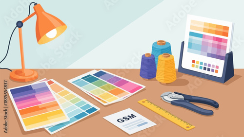Desk with color swatches, thread spools, lamp, ruler, and wire cutters