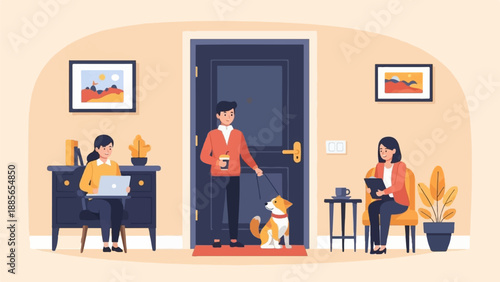 Diverse people working and relaxing at home with a pet by the door