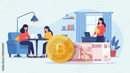 Diverse group of women work at home with digital currency and cash