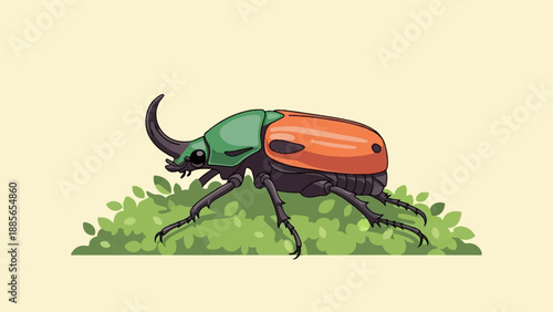 Detailed cartoon illustration of a rhinoceros beetle with green and orange elytra