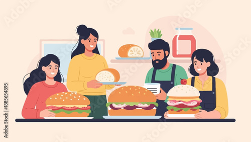 Diverse group prepares large, appetizing burgers with fresh ingredients