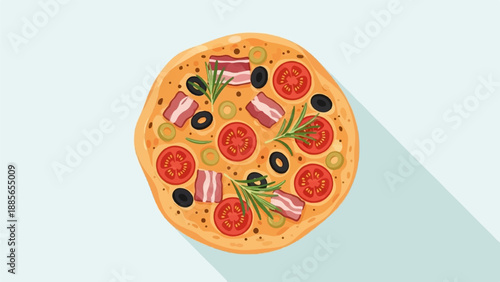 Delicious pizza with bacon, tomatoes, olives, and rosemary