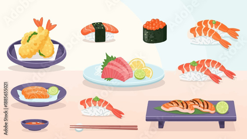 Delicious Japanese food art featuring various sushi, sashimi, and tempura