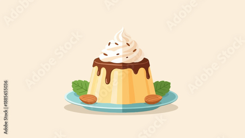 Delicious dessert with whipped cream, chocolate sauce, almonds, and mint