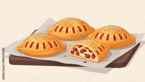 Delicious baked pastries filled with red fruit and topped with sesame seeds