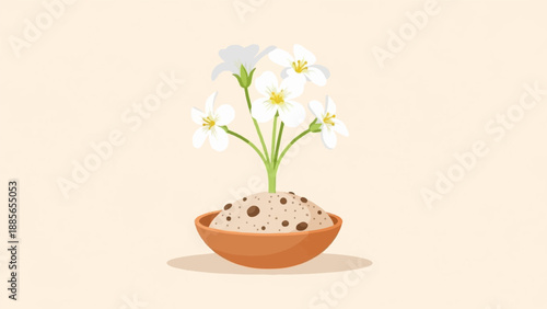 Delicate white wildflowers bloom from a rounded soil mound in a clay pot