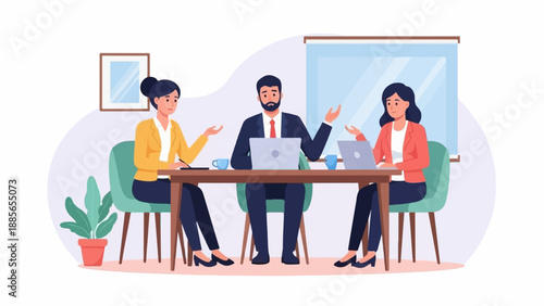 Diverse group collaborates in office meeting, using laptops and discussing