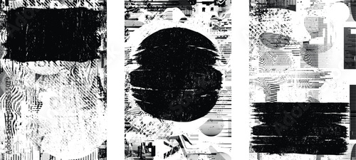 Glitch distorted grungy isolated layers . Design element for brochure, social media, posters, flyers. Overlay texture.Textured banner with Distress effect .Vector halftone dots . Screen print texture