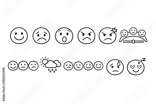 Emotion, mood outline icon set. Expressions, faces, emoticons linear collection