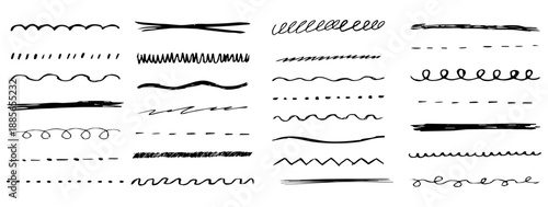 Underline chalk lines and squiggles set, hand drawn doodle sketch underlines thick line border, swoosh. Textured sketchy crayon brush scribbles or wavy strokes