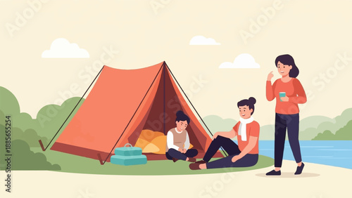 Family enjoying a camping trip by a lake with a tent