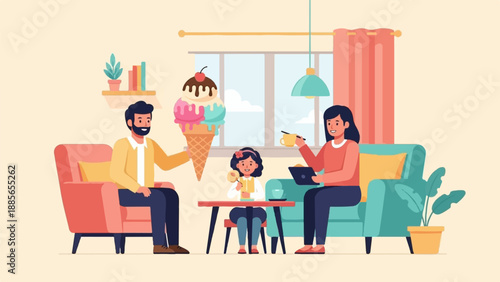 Family enjoying a large ice cream cone and snacks indoors