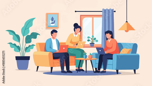 Diverse people working on laptops in a cozy room