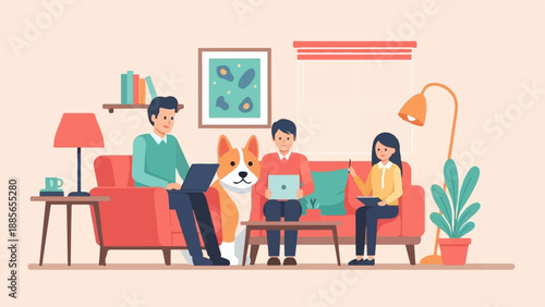 Diverse group working on laptops with a dog in a cozy living room
