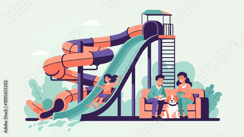 Family enjoying a water slide with a dog watching from a couch