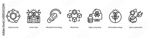Future City and Space Innovation web banner icon vector illustration featuring Cybersecurity, Smart Cities, Wearable Technology, Blockchain, Edge Computing, Renewable Energy, and Space Exploration.