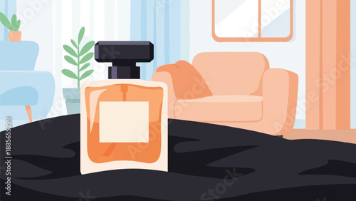 Elegant perfume bottle displayed in a cozy, modern living room setting