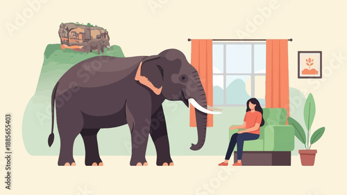 Elephant in a room with a woman sitting on a couch near a window