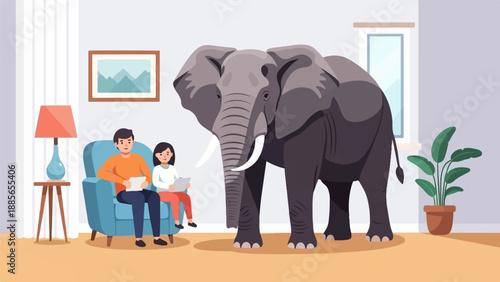 Elephant dominates living room scene with seated couple reading