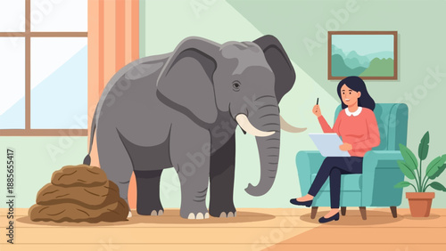 Elephant in therapy session, sitting on a pile of droppings, next to therapist