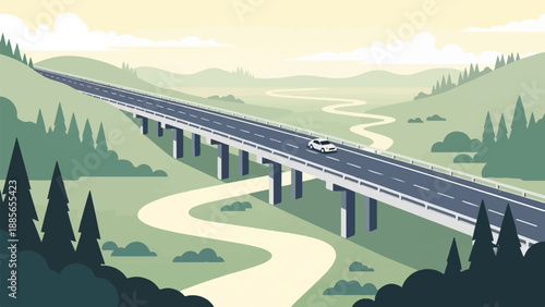Elevated highway crosses a serene, green valley with a winding road below