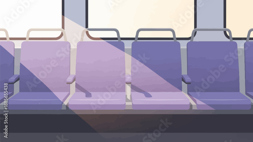 Empty row of purple seats illuminated by diagonal sunlight, on a train