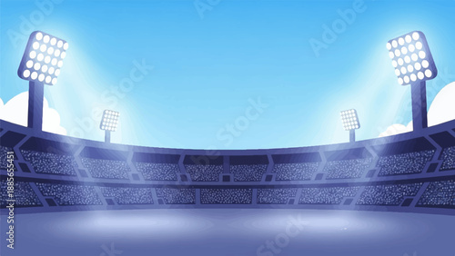 Empty stadium seats under bright lights, ready for an event