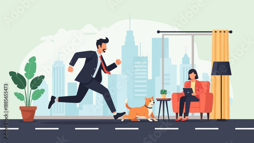 Energetic businessman runs with dog past woman on laptop in city